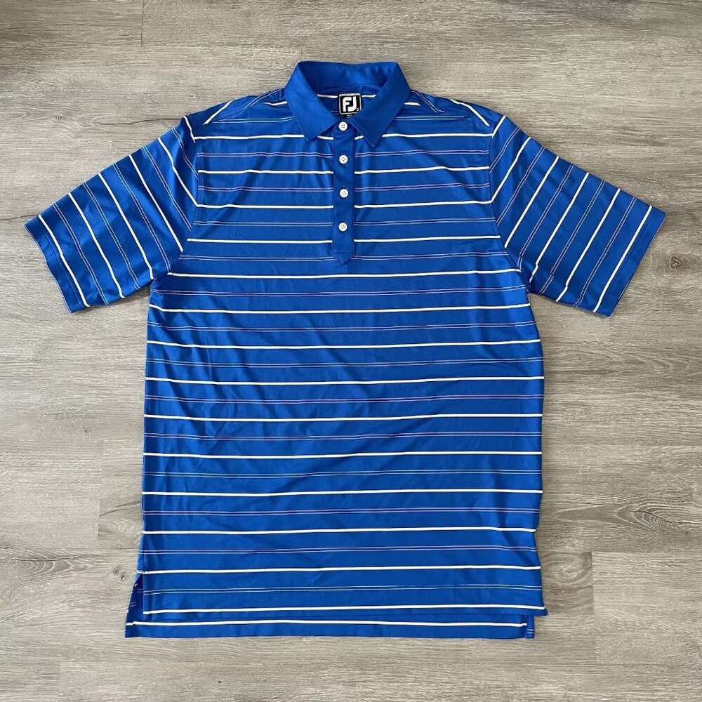Footjoy FJ Athletic Fit Mens Performance Golf Polo Shirt Blue Striped Size L